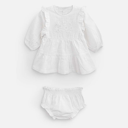 שמלה עם וואלנים- לבן עם רקמת פרחים