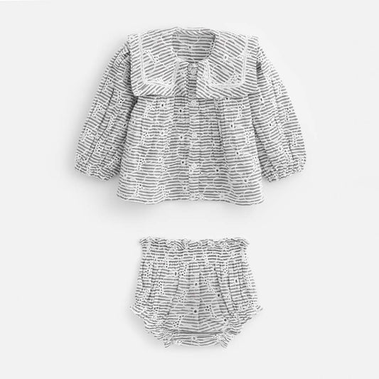 סט חולצה עם צווארון- פסים רקמת פרחים