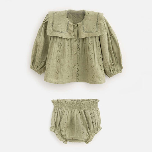 סט חולצה עם צווארון- תחרה ירוק זית בהיר